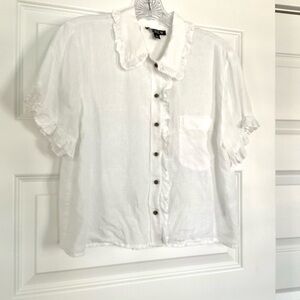 J Crew White Linen Ruffled Button Front Shirt, Small
